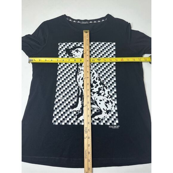 Hauber Women’s Black T-shirt Dolmatin Dog Print Trim metallic Rhinestones Sz 12 - Picture 8 of 13